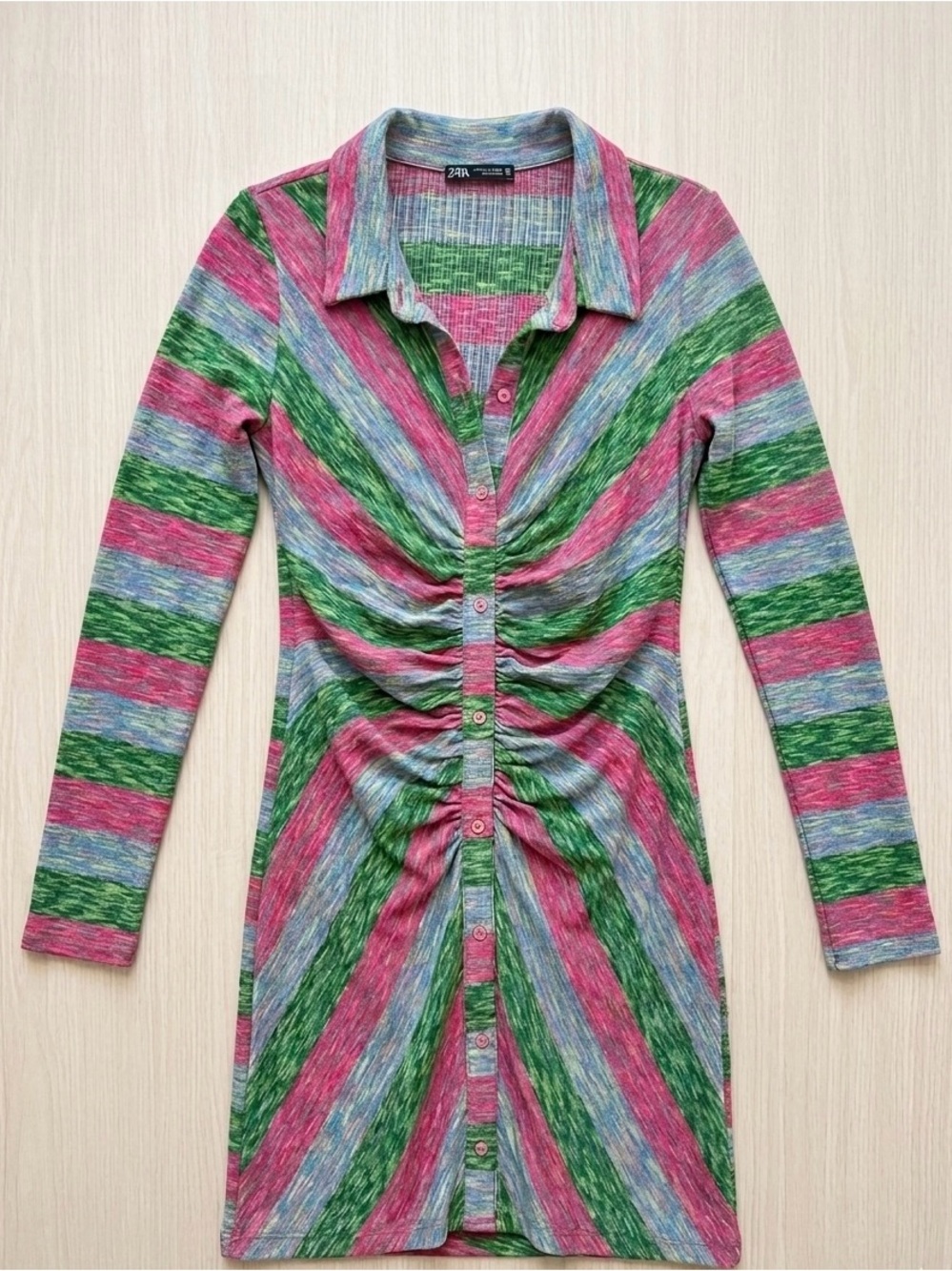 Zara Space Dye Pink Green Striped Ruched Mini Shirt-Dress - US Size Medium